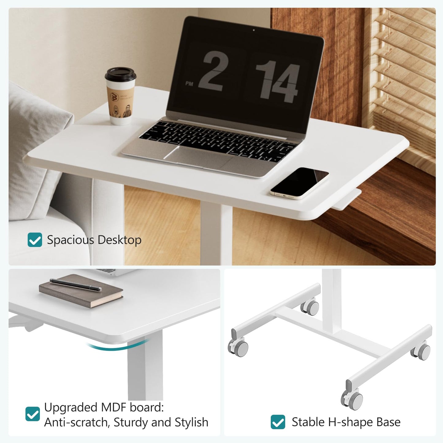 OLIXIS Small Standing Desk with Locking Wheels, Mobile Portable Rolling Laptop PC Table, Adjustable Height Computer Workstation for Home Office, 19 Inch, White