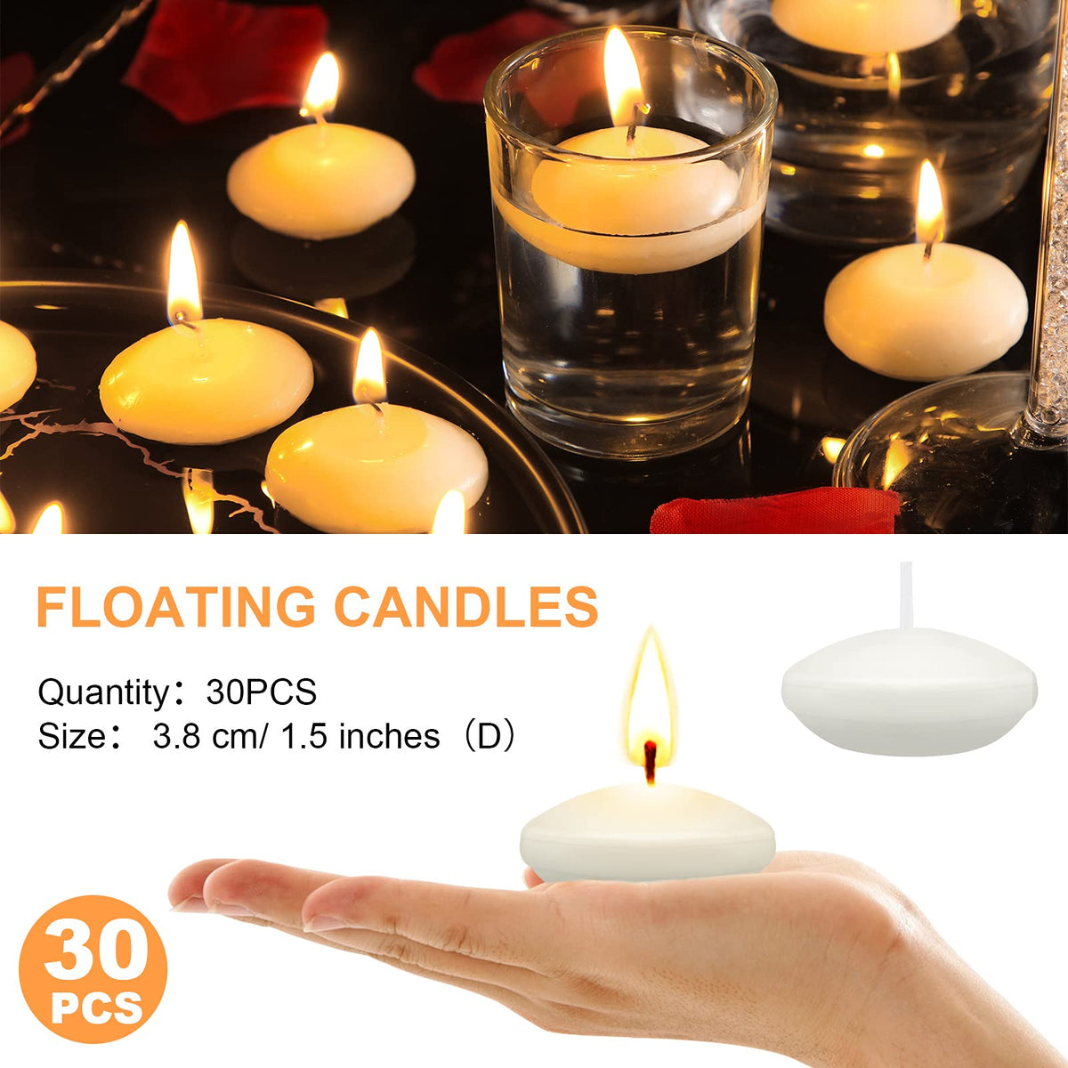 Nuanchu 30 Pcs 1.5'' Valentines Unscented Floating Candles Bulk for Centerpieces Votive Floating Cylinder Vases Candles for Wedding Party Anniversary Christmas Thanksgiving Party Gifts Decor