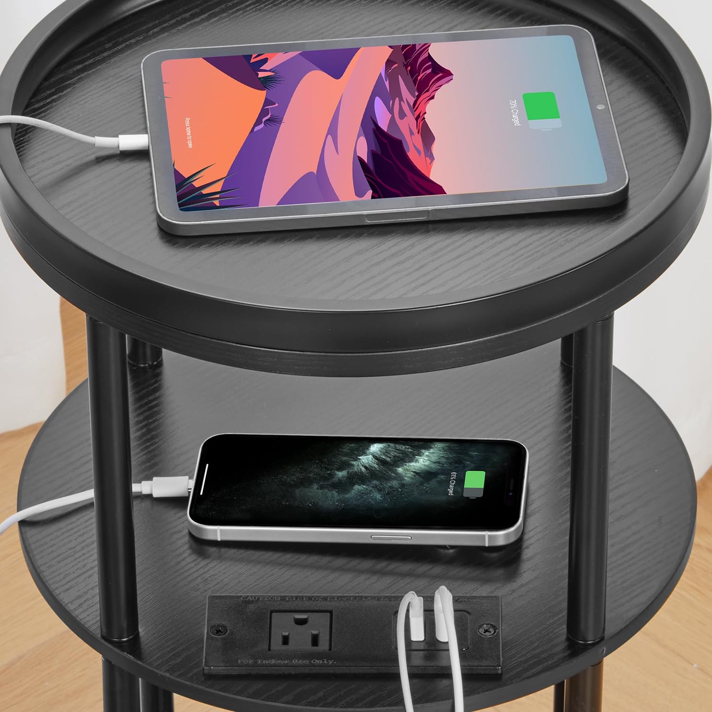 ZEXVIDA Small Round Side Table with Charging Station for Small Spaces, 3-Tier Accent Table with USB Ports & Power Outlets, Sofa Corner Tea Table for Living Room Nightstand Bedroom Apartment (Black)