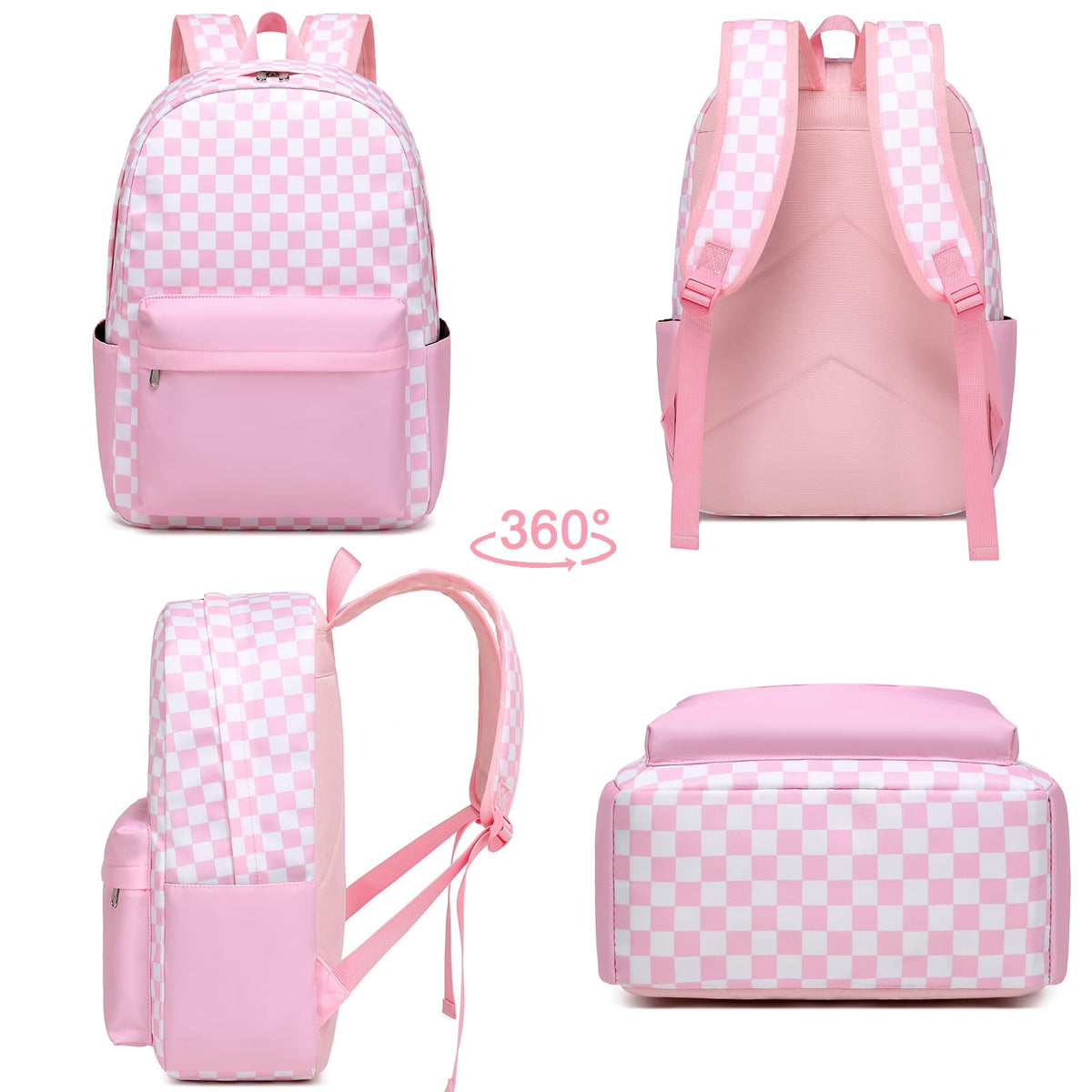 Sugaroom Checkered School Backpack for Girls with Lunch Box Lightweight Kids Bookbags Preschool Primary Elementary Students School Bags (Checkered Pink)