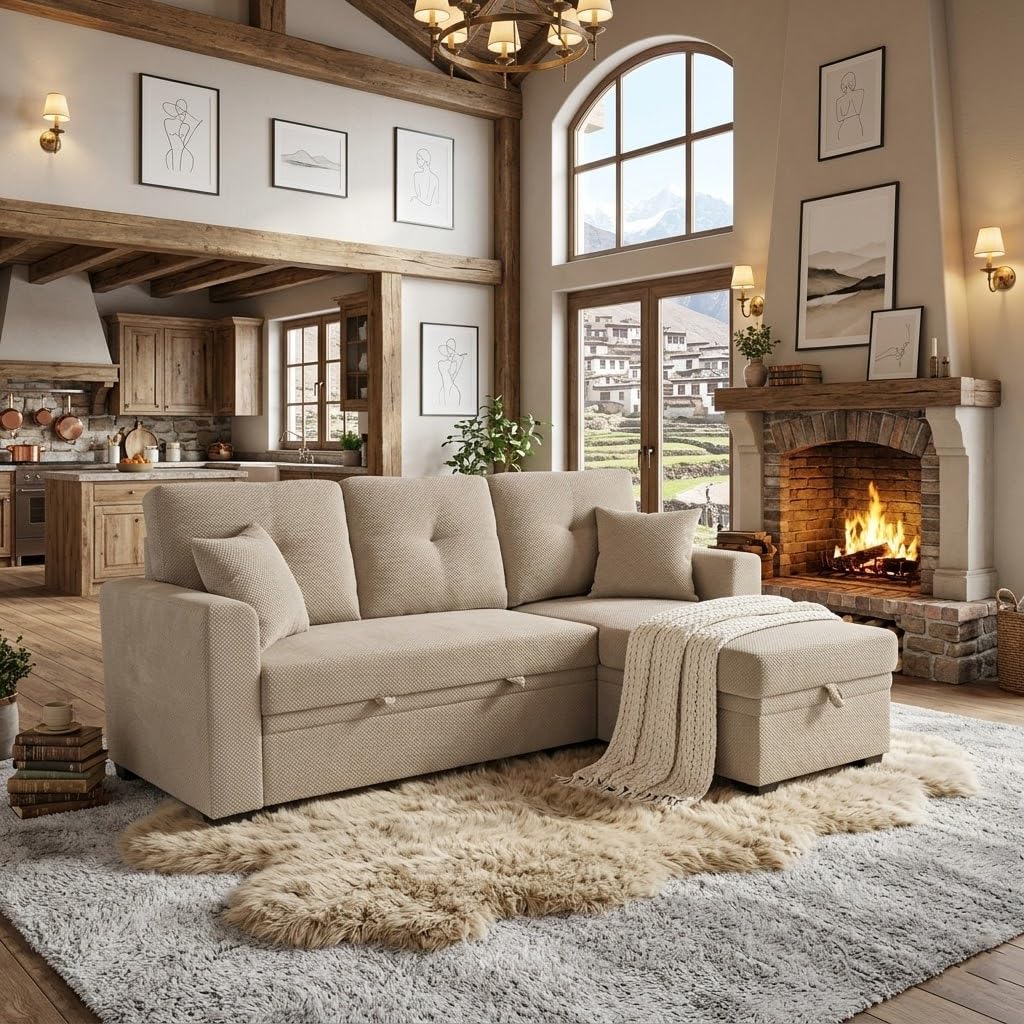 WuerQi 71" Sofa Bed with Queen Size Pull Out Couch, Sectional Sleeper Sofa with Reversible Storage Chaise, L Shaped Couch for Living Room, Apartment and Small Spaces (Camel-L Shaped)