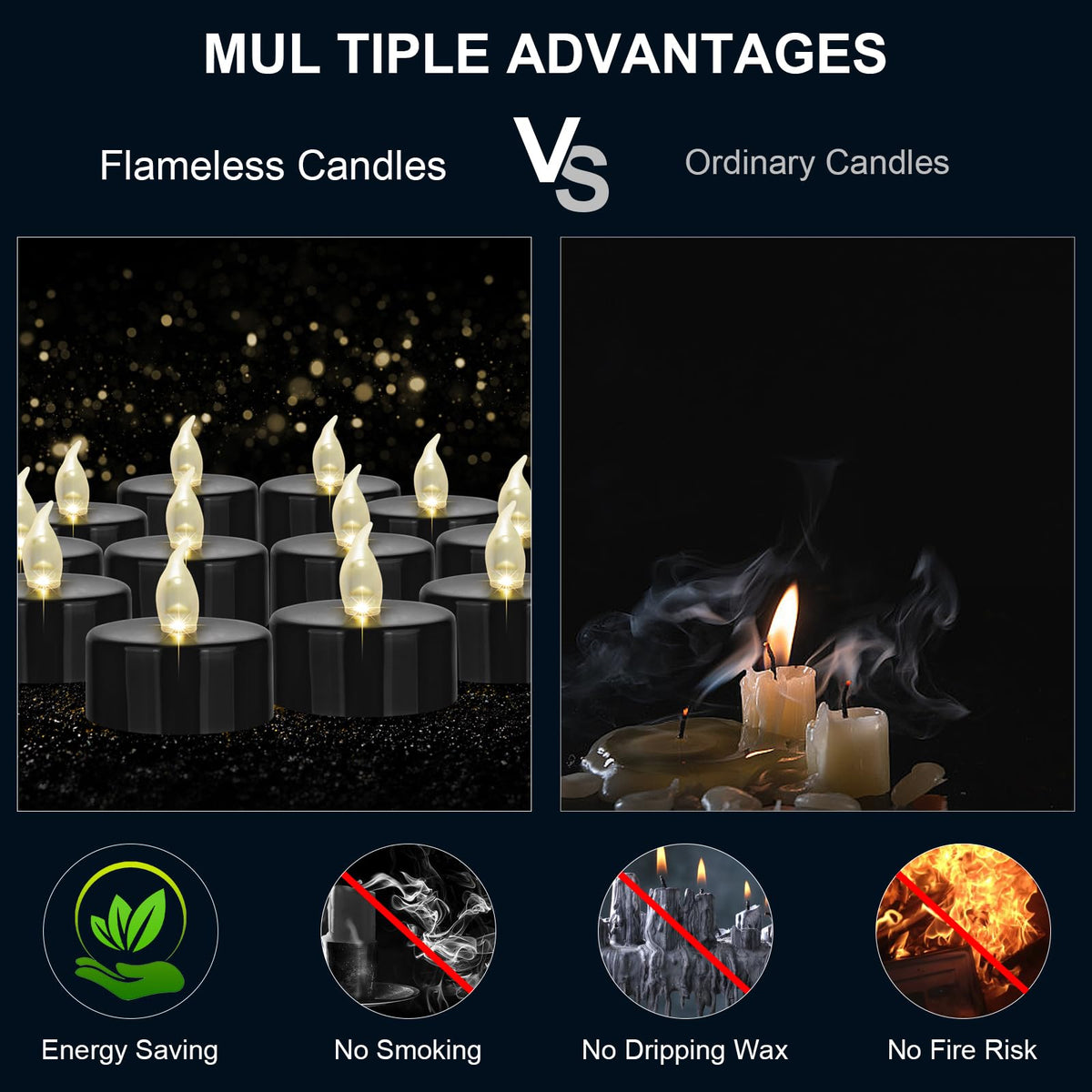 Hanzim Battery Operated LED Tea Lights: 12PACK Flameless Votive Candles Lamp Realistic and Bright Flickering Holiday Gift Long Lasting 200Hours for Seasonal & Festival Celebration Black