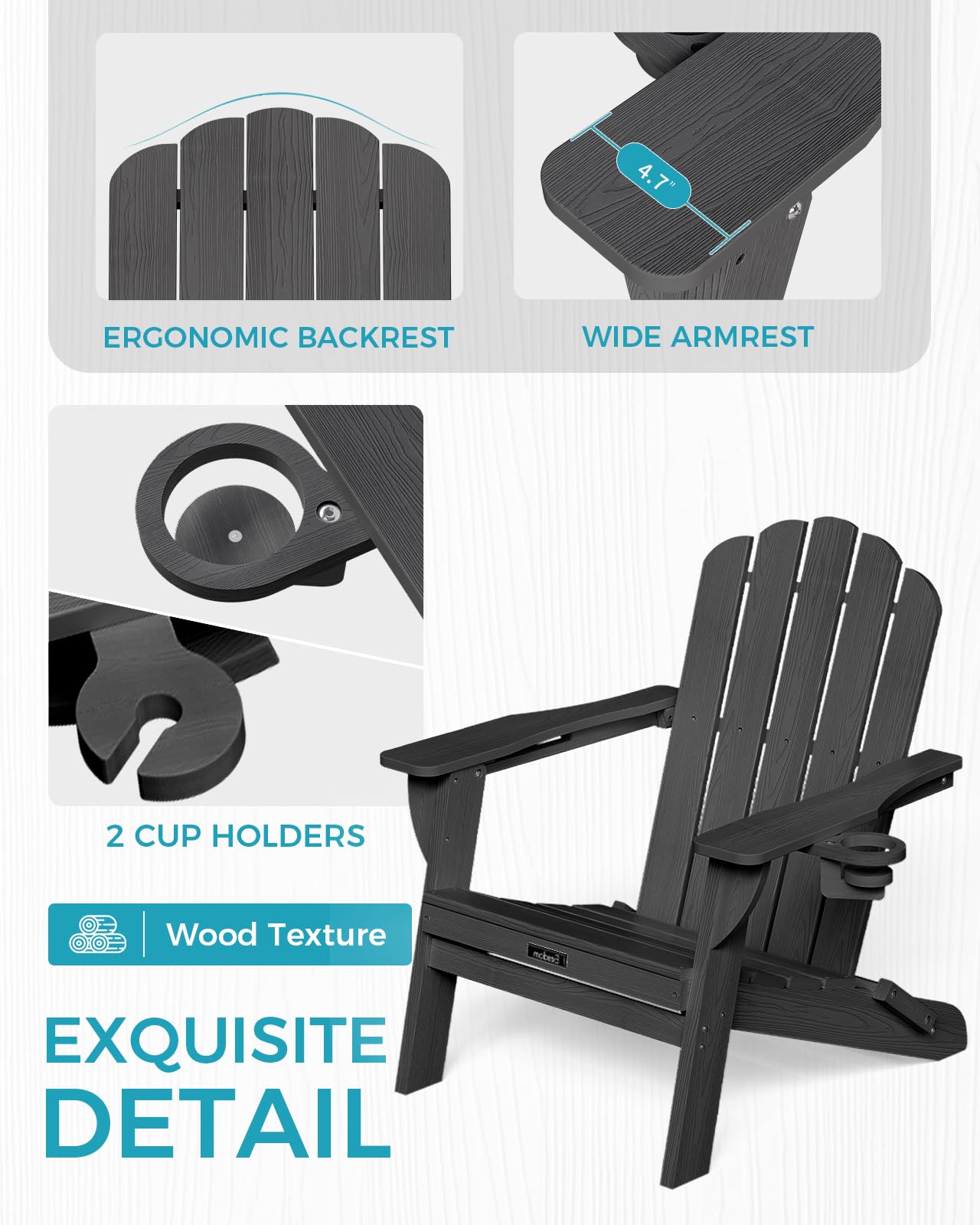 Eesdom Folding Adirondack Chair, All-Weather HDPE Plastic Patio Chair with 2 Cup Holders, Wooden Textured Lawn Chair, Perfect for Fire Pit,Black