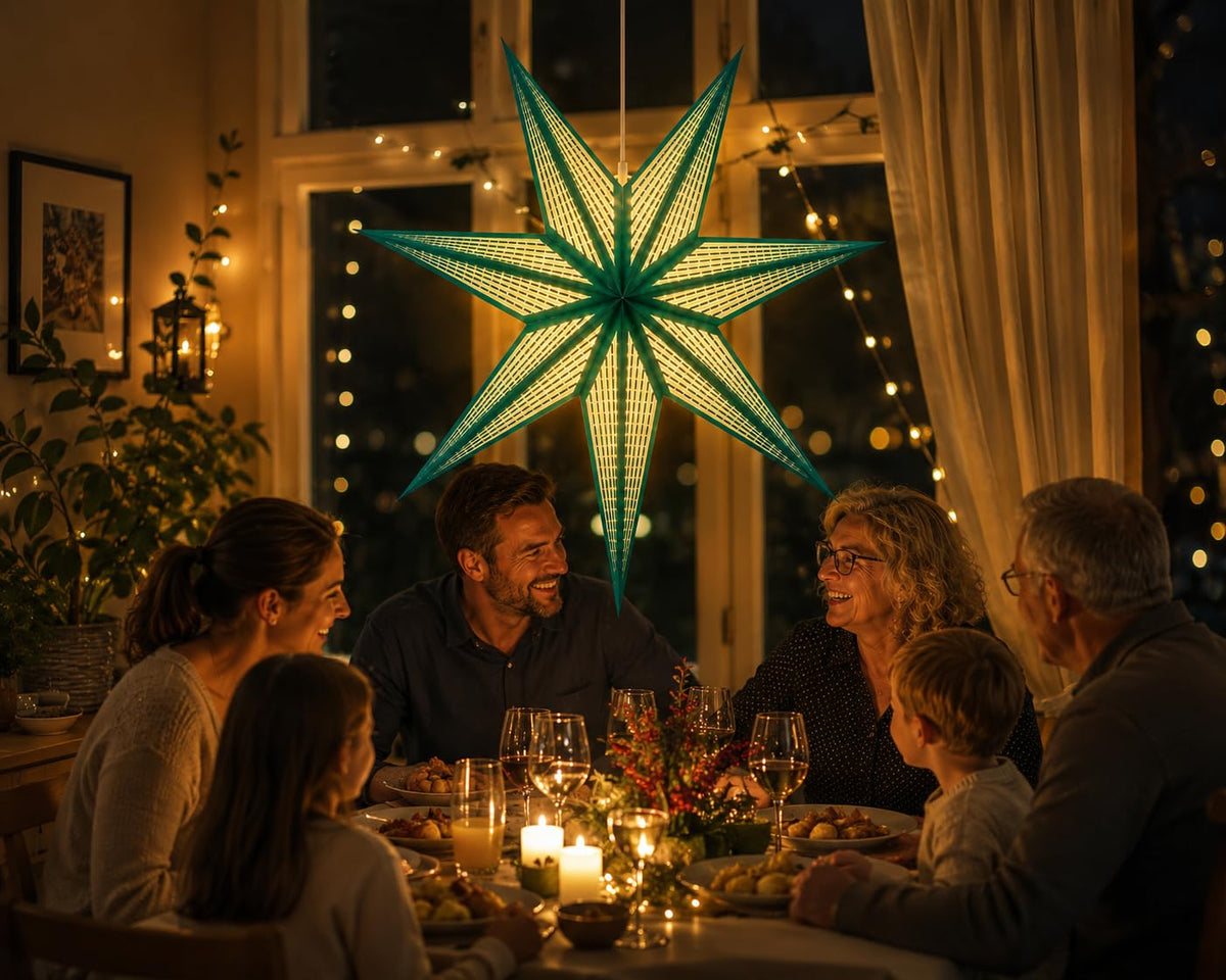GalaxyArts 7-Point Paper Star Lantern - Striped Cutout Hanging Light Decoration - Foldable Star Lamp Shade for Home, Party, Christmas, Wedding Décor - Indoor/Outdoor Hanging Star(Turquoise)