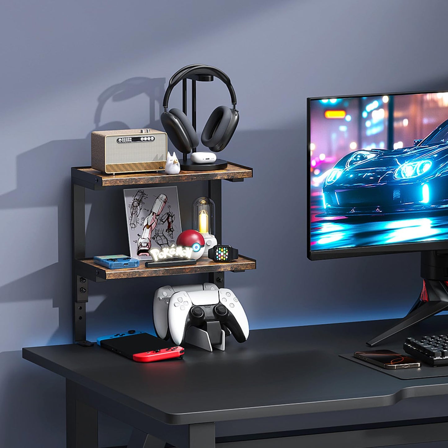 OUTIOE 2-Tier Desk Shelf, Expandable Under Desk Storage, Clamp on Desk Shelf, Desktop Accessories for Offices, Study Rooms, and Game Rooms (Wood)