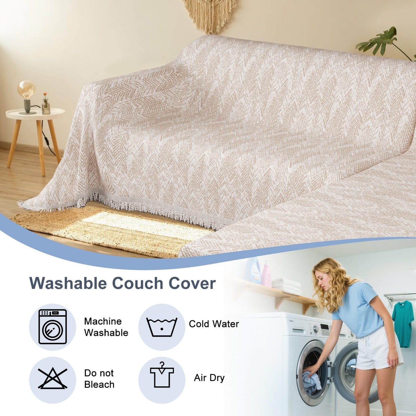 SYJOVIA Sectional Couch Covers L Shaped Sofa Cover Blanket 2 Pieces 1OO% Waterproof Couch Cover for Dogs Pets Washable Chenille Sofa Slipovers 71"x118" + 71"x134" (XX-Large, Khaki Wave)