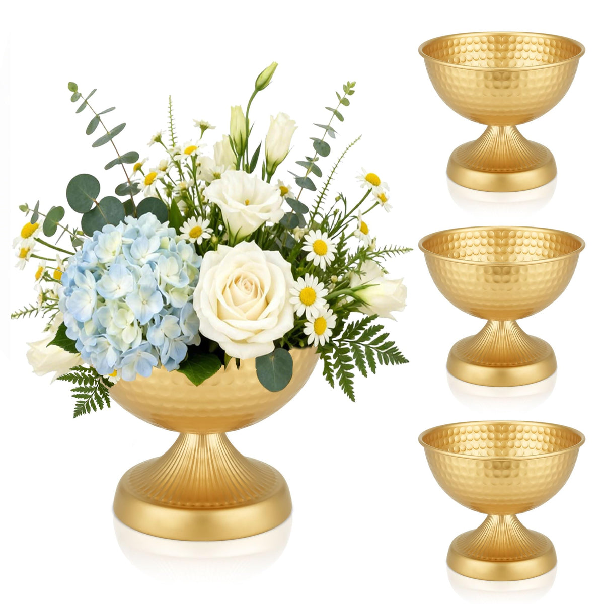 AURABEE Gold Compote Vase Set of 4, Pedestal Gold Vases for Centerpieces Metal Urn Flower Pot Vase Pack, Electroplated Rust-Proof Compote Pedestal Vases for Wedding Centerpieces- 5.9 Inches