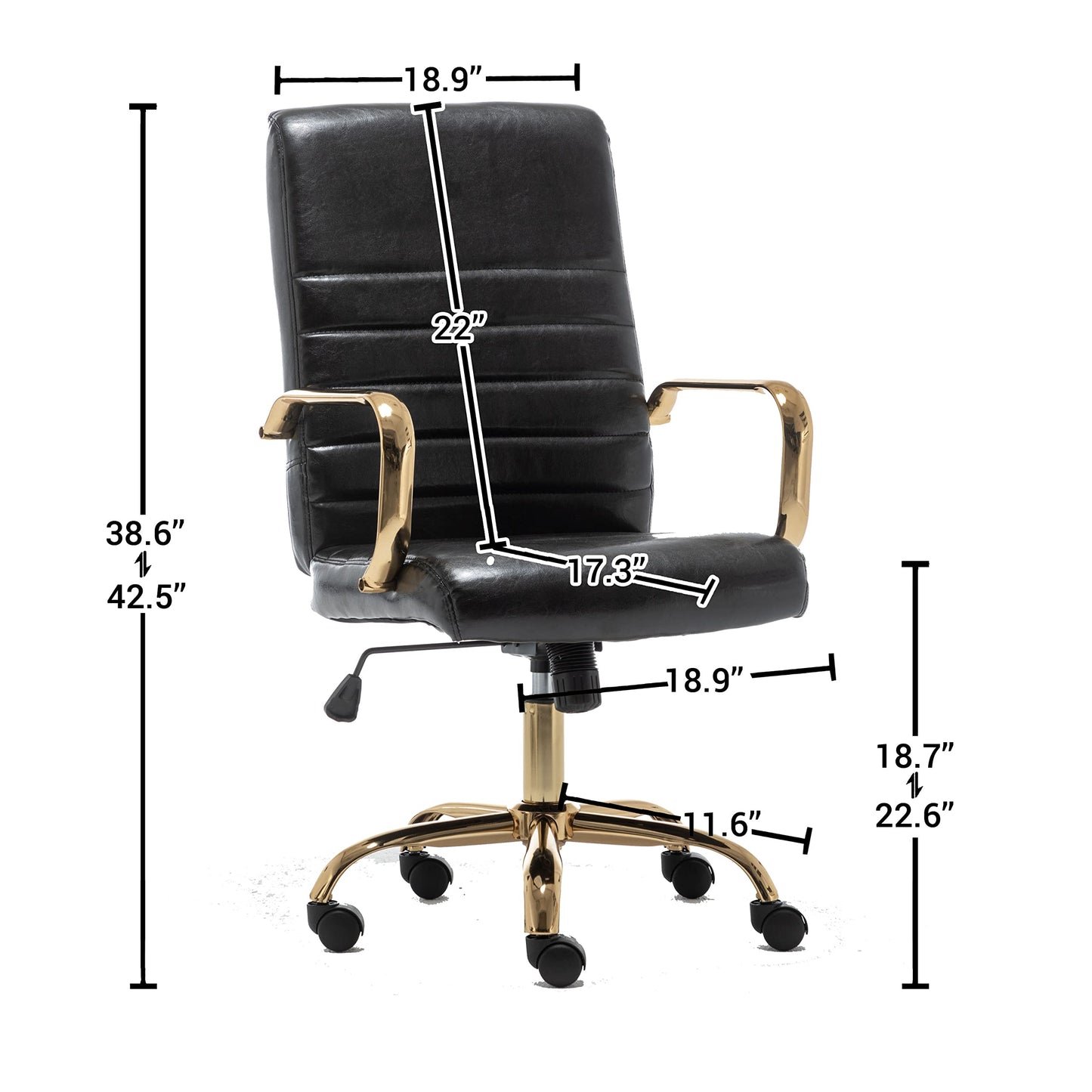 BTEXPERT Black Faux Leather Adjustable Home Office Golden Arms Exectuive High Back Manager Desk Chair, (5162BK)