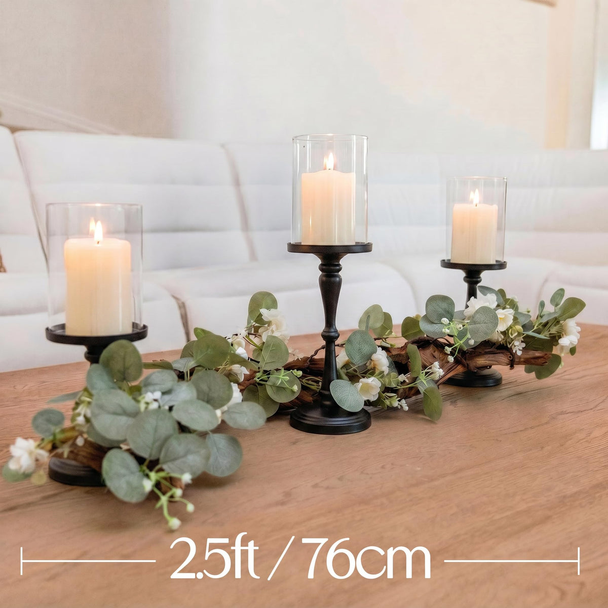 Eucalyptus Table Centerpiece with Candle Holders, Farmhouse Dining Table Decor, Rustic Greenery Centerpiece for Coffee Table, Mantle, Entryway, Wedding & Home Decor (Black)