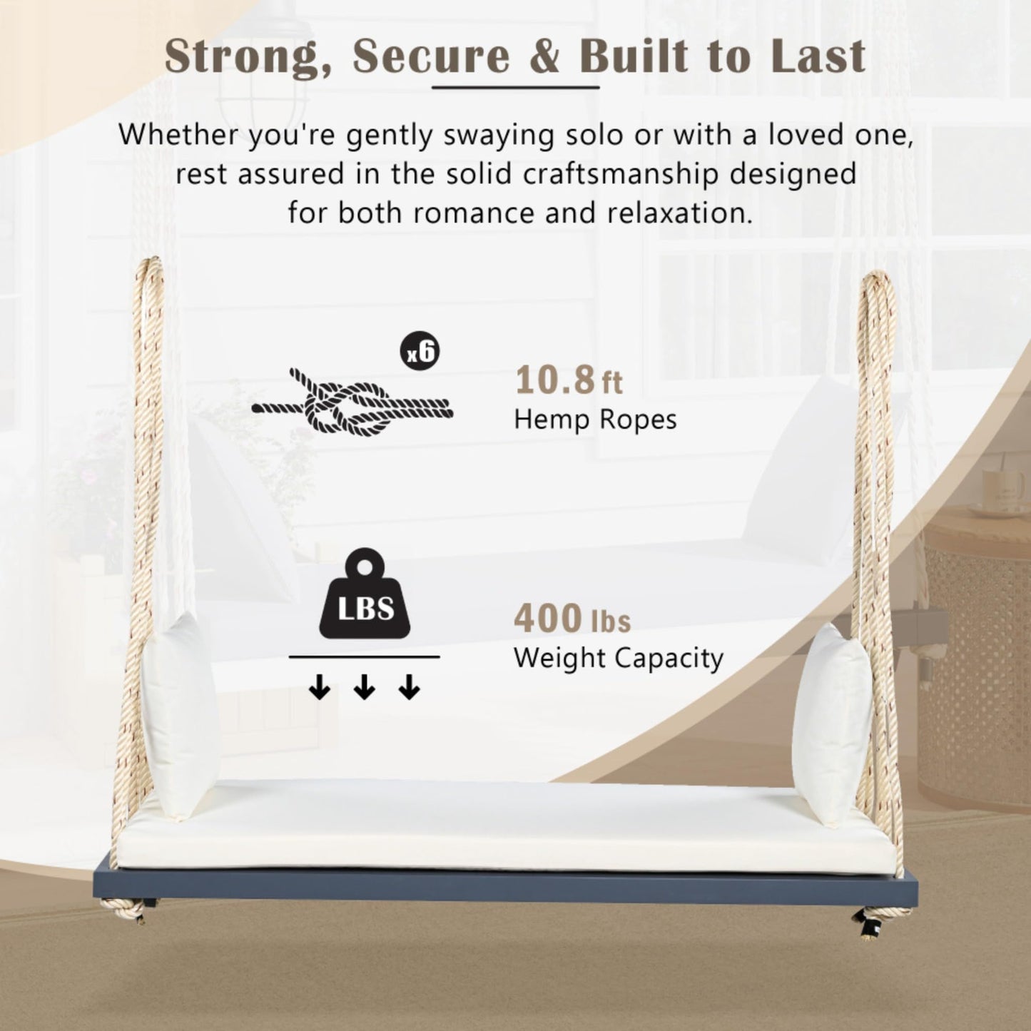 Patio Wooden Swing Chair, Acacia Wood Hanging Porch Swing Bench with Cushion & Pillows, Heavy Duty Hemp Ropes Swing Chair for Garden, Backyard, Lawn & Outdoor Relaxation (Gray)