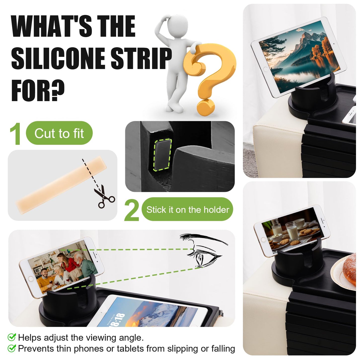 aisongdong Couch Cup Holder Tray - 3 in 1 Sofa Arm Tray with 360° Rotating Cup Holder & Phone Stand,Fits Various Couches Arm Widths - Anti-Slip Foldable Couch Arm Tray for Snacks, Cellphone Remote