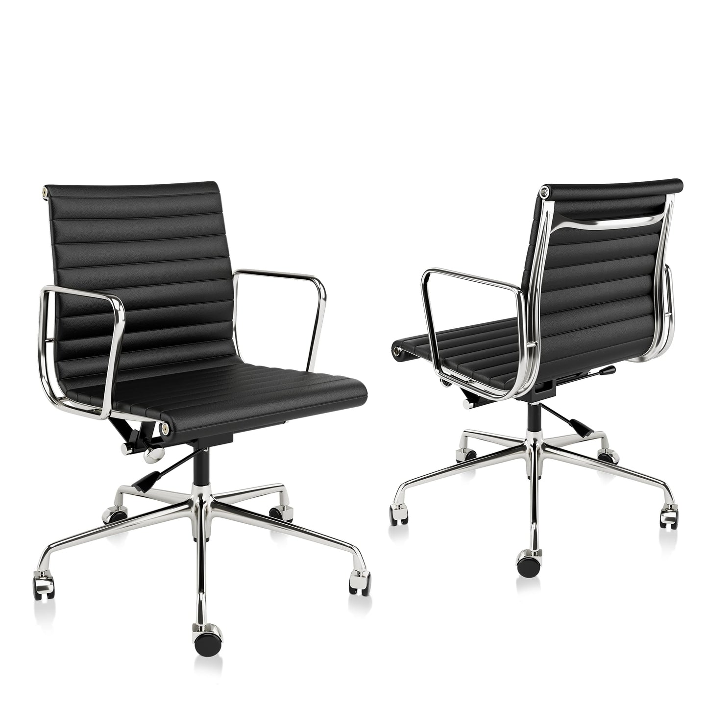 OTDMEL Ribbed Office Chair with Top Grain Leather - Mid Back Ergonomic Desk Chair with Aluminum Arm Rest and 5-Star Base, Swivel Chairs Black