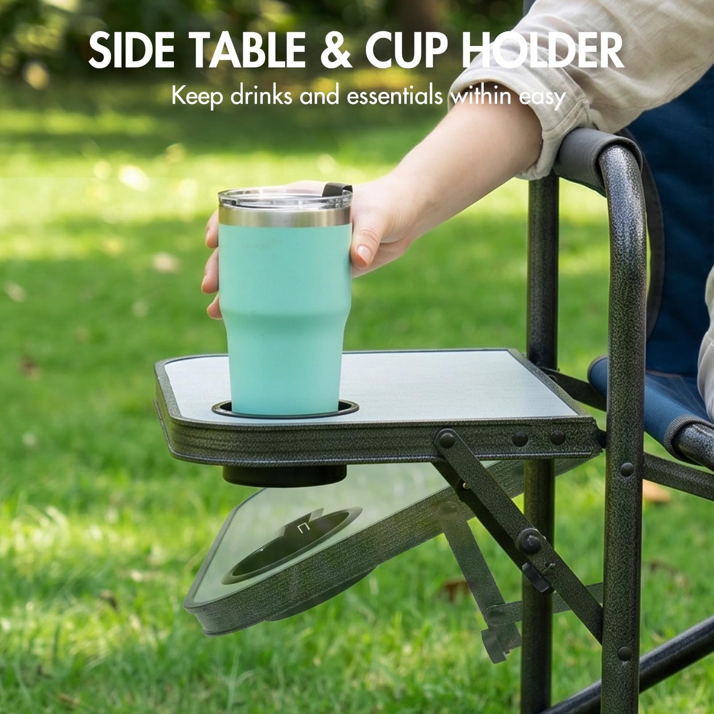Portal Directors Chair for Adults with Side Table, Folding Camping Chairs Heavy Duty 225LBS, Portable Lawn Chairs with Cup Holder for Outdoor, Beach, Travel, Blue/Grey