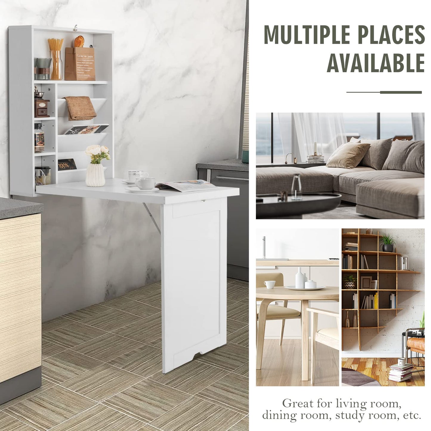 Nightcore Wall Mounted Table w/Classified Storage Space, Foldable Multiple-Purpose Desk, Sturdy Wood Structure, Floating Convertible Desk/Cabinet for Apartment, Narrow Place and Limited Room (White)
