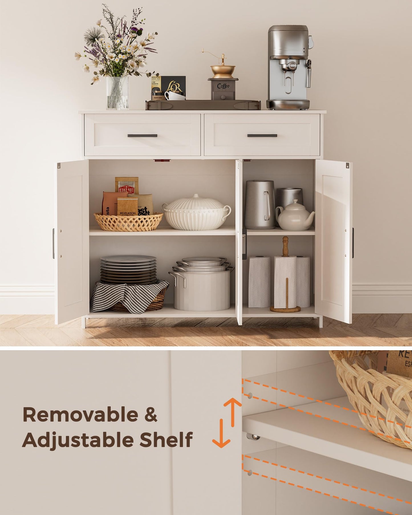 Homhedy Sideboard Buffet Cabinet, Coffee Bar Storage Cabinet with Drawers and Doors, Farmhouse Kitchen Cabinet with Adjustable Shelves, for Kitchen, Dining Room, Living Room, White