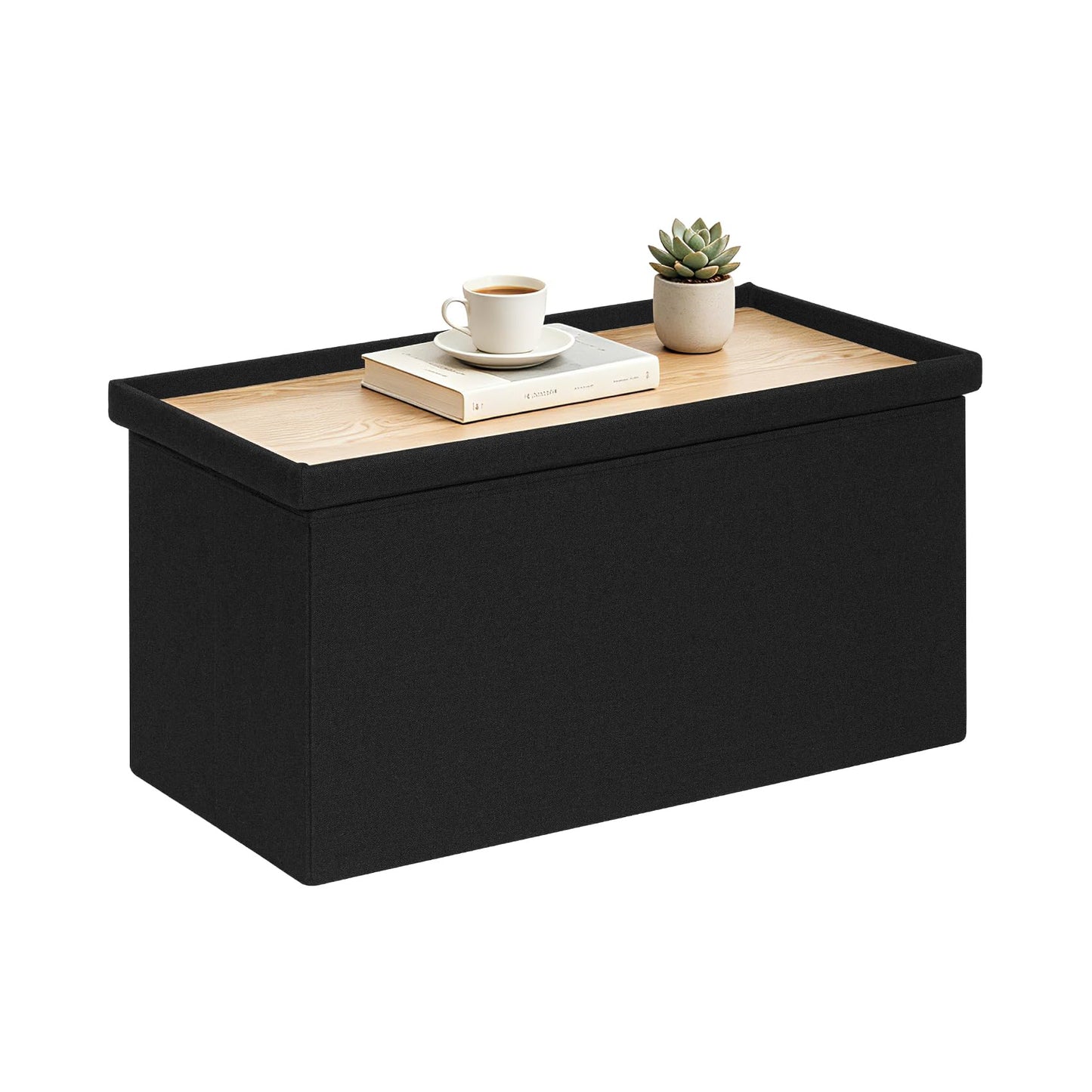 CAIPINFUL 30 Inch Folding Storage Ottoman with Reversible Lid Coffee Table, Linen Fabric Multi-Functional Foot Rest & Seat for Living Room, Bedroom-Black