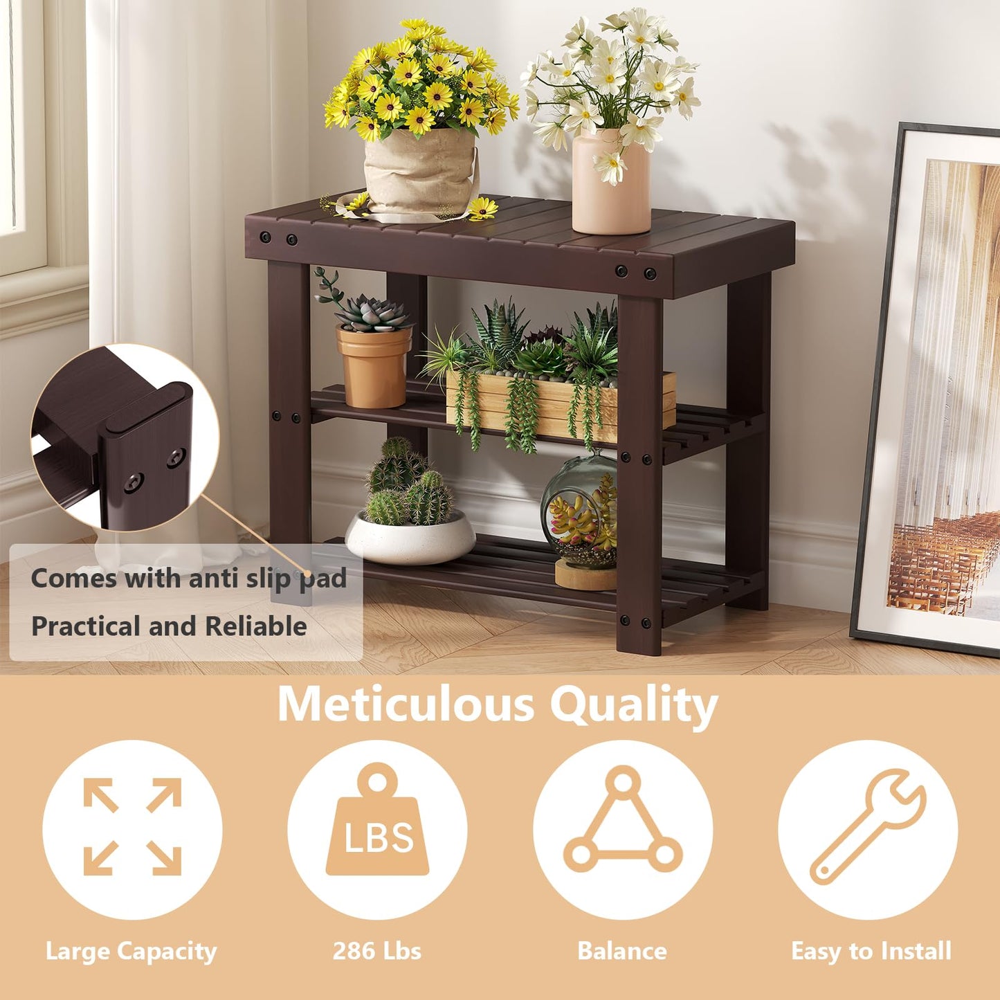 Sweetcrispy 3-Tier Shoe Rack Bench for Entryway, 286lb Capacity, Brown