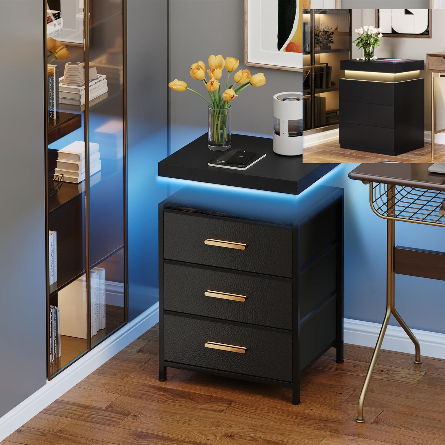 DreamDashio Nightstand Set of 2 with LED Lights, 3 Fabric Storage Drawers with PU Finish, Floating Top Design, Bedside Table with Open Shelf, End Table for Bedroom, Living Room, Office Black