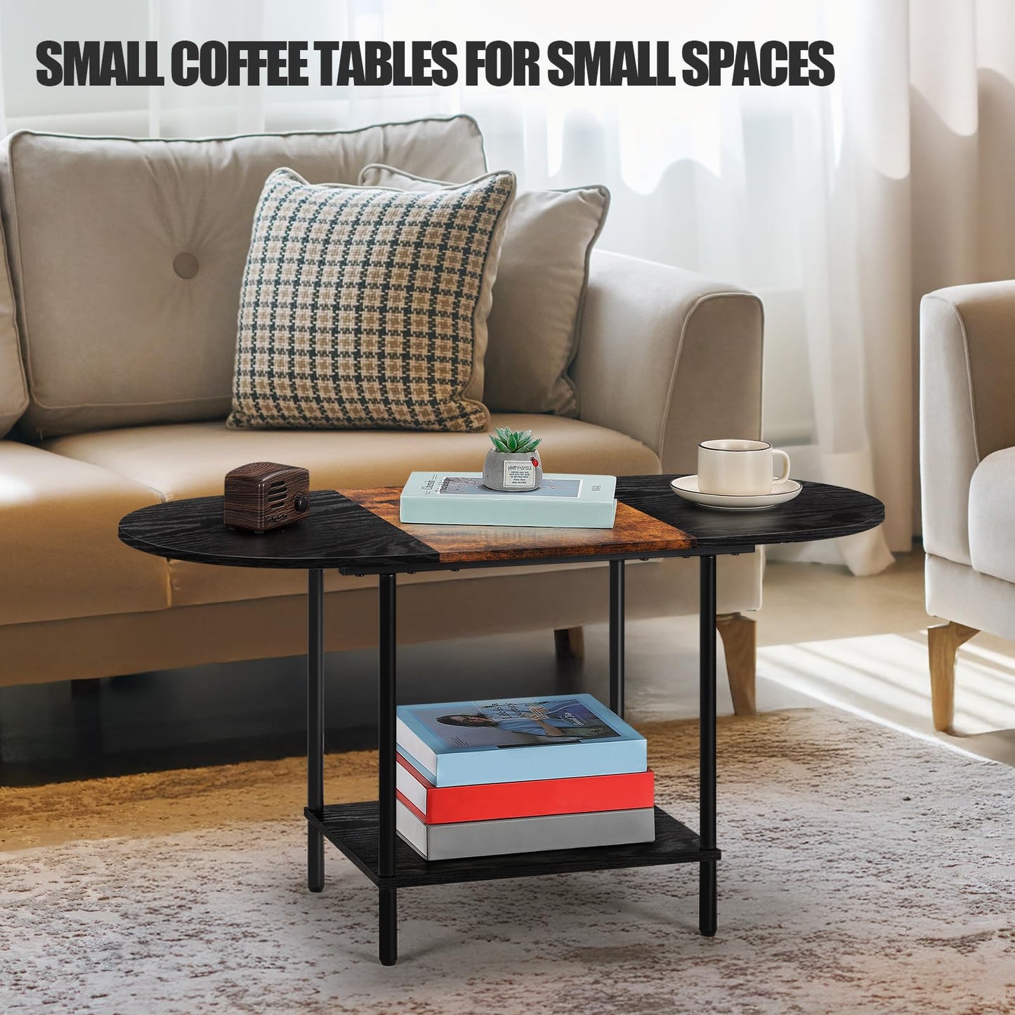 KANEODOT Coffee Tables for Living Room,Mid Century Small Oval Center Table with 2-Tier Storage Shelf and Wood Tabletop,Farmhouse Narrow Cocktail Tea Table for Small Space,Apartment,Black Brown