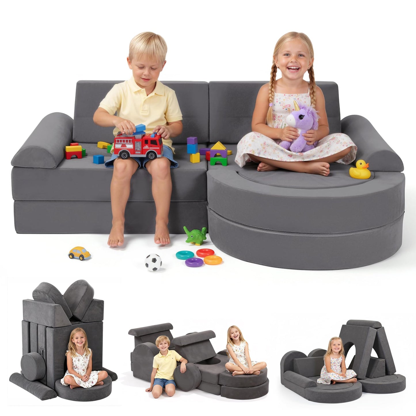 Fvkind 16pcs Modular Kids Play Couch, Kids Couch Building Fort for Playroom and Bedroom, Toddler Modular Play Sofa, Convertible Foam Sofa for Boys and Girls, Grey