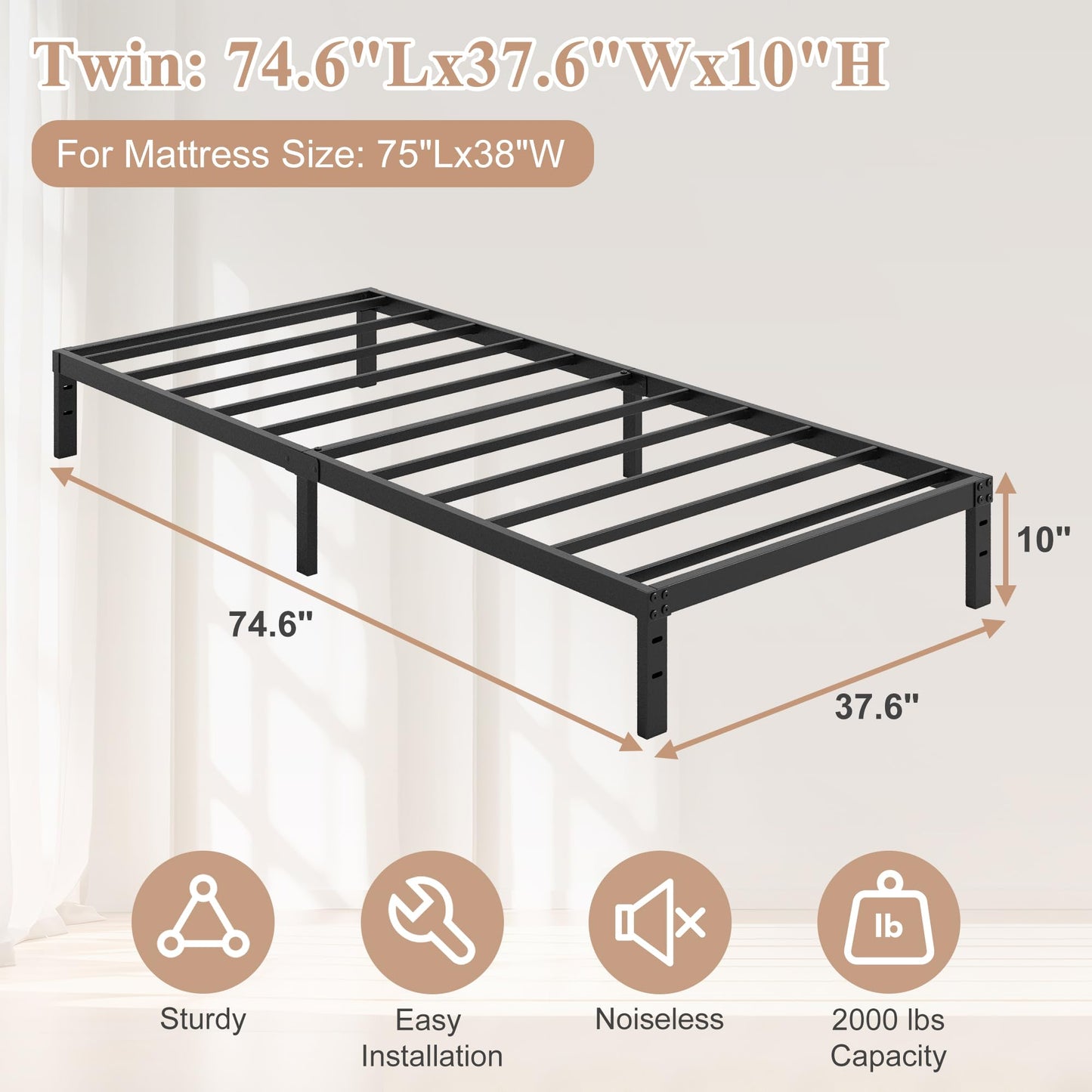 HOBINCHE 10 Inch Twin Size Bed Frame - No Box Spring Needed Heavy Duty Metal Platform Mattress Foundation with Steel Slats, Non-Slip Noise Free Easy Assembly Black Bedframes