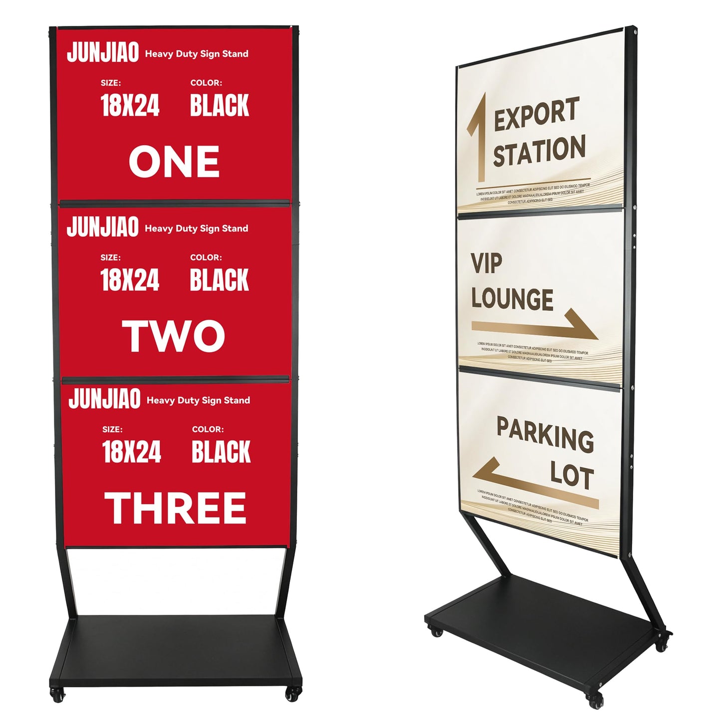 JUNJIAO Sign holder floor stand, Heavy duty rolling pedestal poster banner stand, Triple 18"x24" Multi-Poster Display with 3 Backboards & Anti-Glare Lenses, Side-Loading Commercial Signage Stand for Retail, Menus & Trade Shows