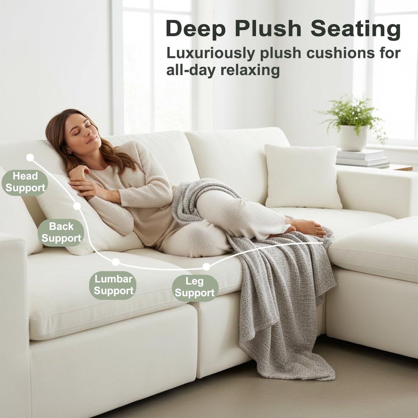 Nigoone 108" Sectional Couches for Living Room, Modular Cloud Sofa with Ottoman, No Assembly, Convertible L Shaped Boneless Couch, Adjustable Sofa Backrest, 4 Seater, Warm White Chenille
