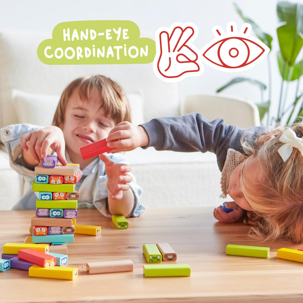 Nene Toys Wooden Tumble Tower Game with Animals & Colors, 4-in-1 Educational Family Board Game for Kids Ages 3-9, Creativity & Cognitive Skills Booster - Gift for Boys Girls 3+ Years