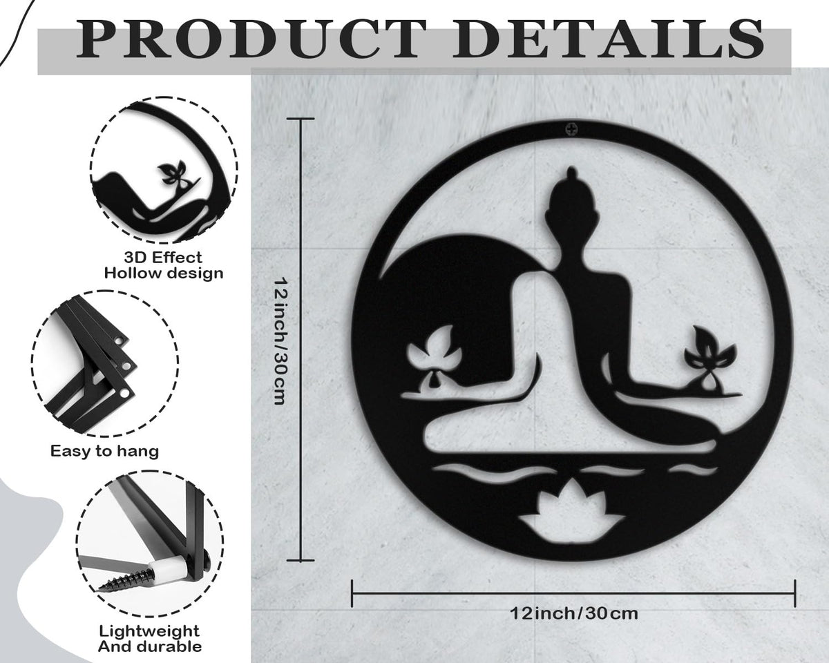 Kas Home Metal Zen Wall Decor Iron Buddha Wall Art Zen Lotus Spiritual Meditation Decor for Living Room Bedroom Yoga Studio Office Wall Décor (Black, 12x12inch)
