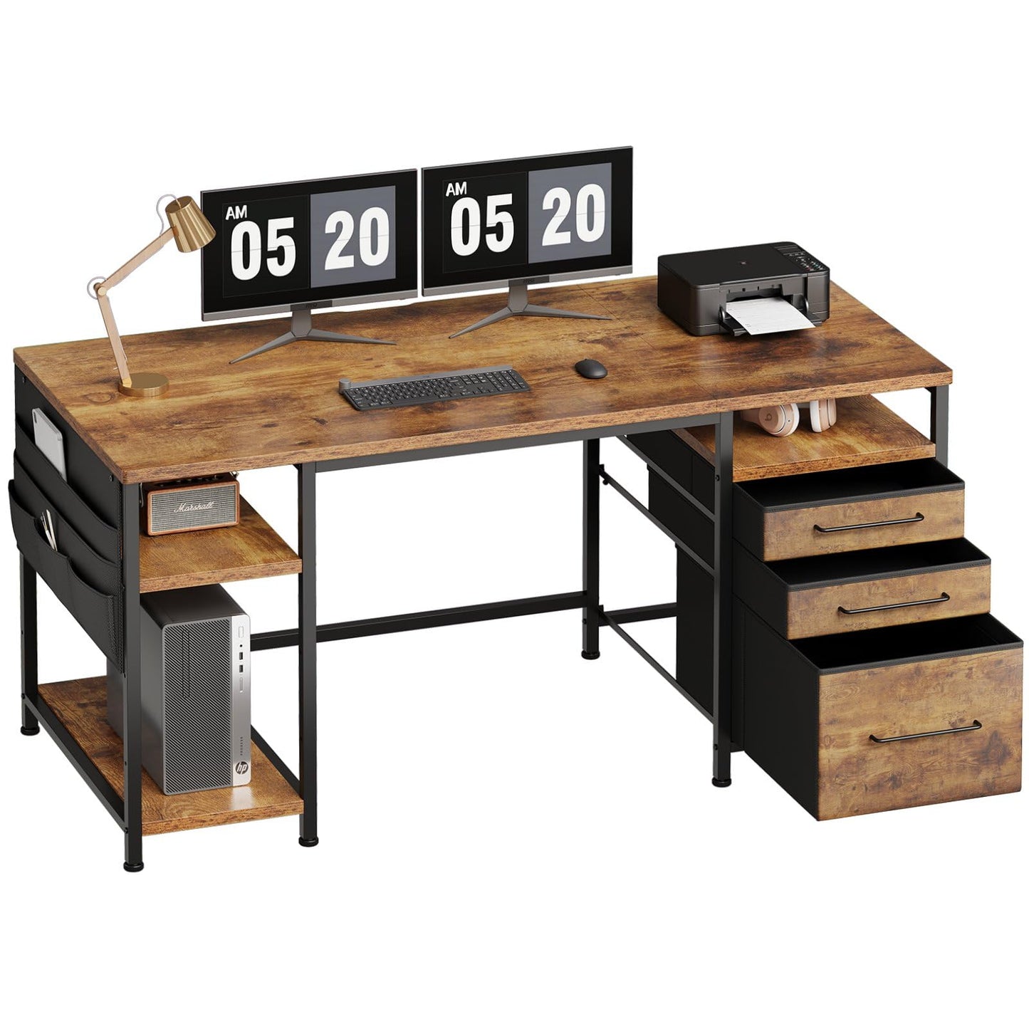 Ｍａｉｈａｉｌ Maihail Home Office Desk with Drawers Adjustable Shelves, 59 inch Writing Desk with File Cabinet, Large Computer Desk with Storage, Vintage, Brown2