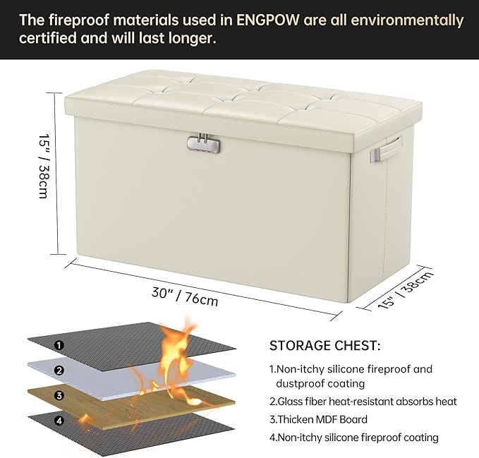 ENGPOW Storage Ottoman Bench, Fireproof Folding Bench