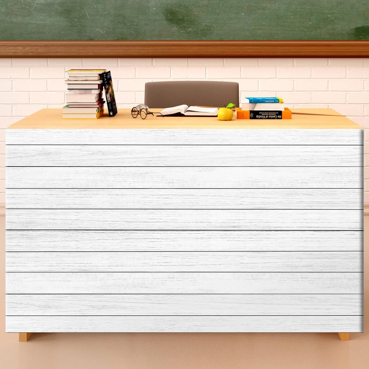 6FT White Wood Table Skirt Teacher Desk Skirt Classroom Table Cover for Back to School Decor Classroom Tables Cloths for First Day of School Supplies Office Bookcase Cabinet Decorations