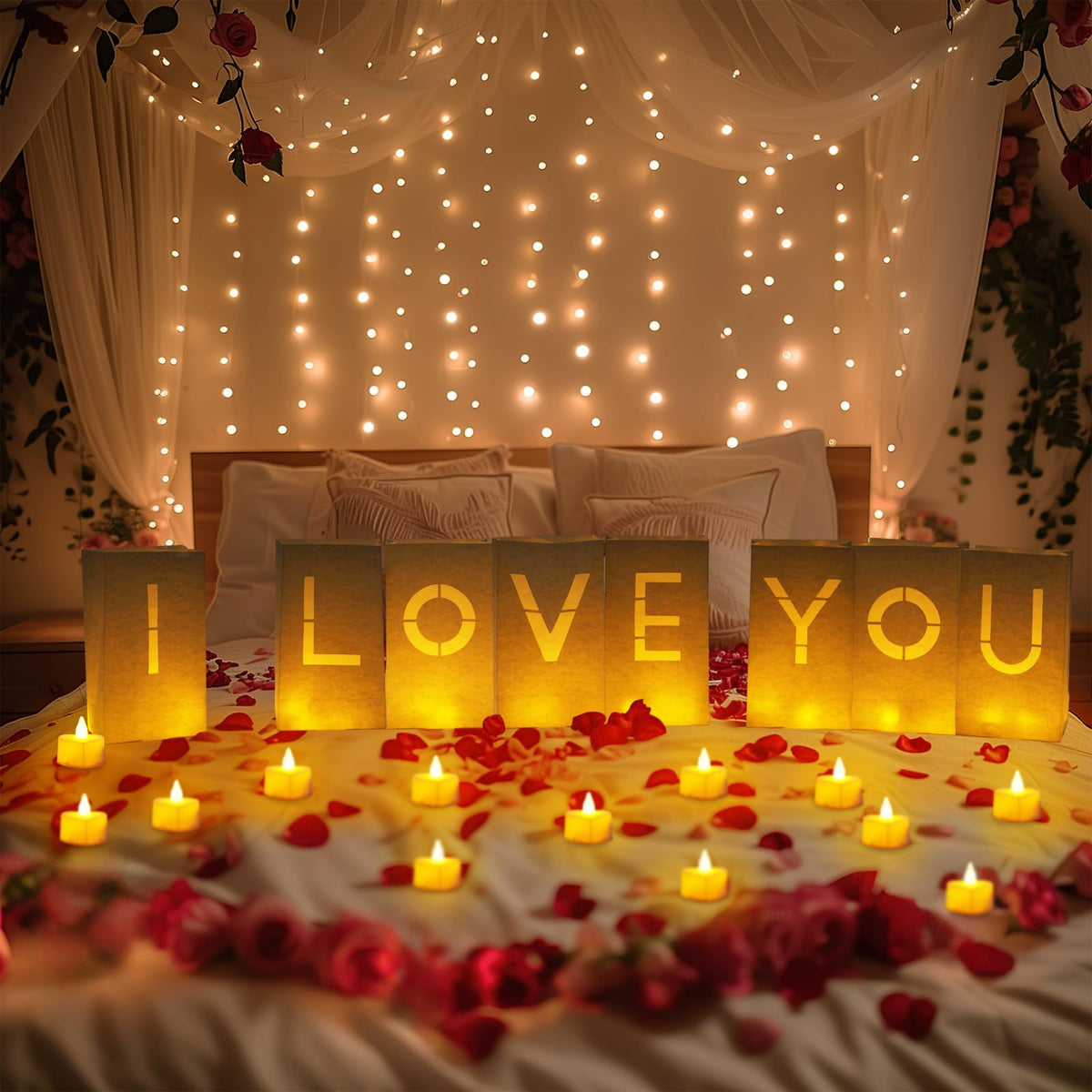Homemory I Love You Light Up Letters Proposal Decorations with Flameless Candles and 2000 Fake Rose Petals, Valentine's Day Luminary Bags Romantic Decorations Special Night for Wedding Anniversary