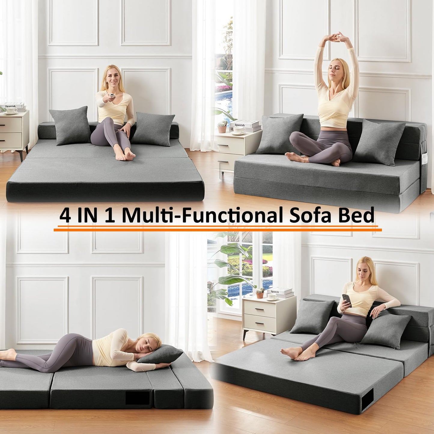 JKMAX Queen Size Folding Sofa Bed - 4 in 1 Sleeper Chair with Two Pillows - High Density Memory Foam Futon Couch - Convertible Folding Bed with Washable Modern Linen Cover for Apartment (Dark Grey)