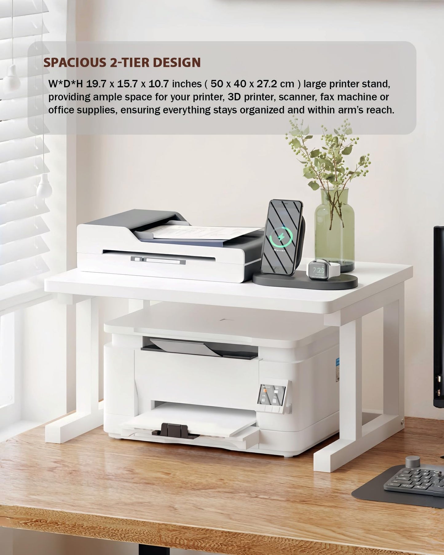 WRITECRY Desktop Printer Stand, 19.7″x 15.7″ 2-Tier Large Printer Shelf fit 3D Laser Printer/Scanner/Fax Machine, Industrial Storage Rack for Home Office Storage, White P5040-W