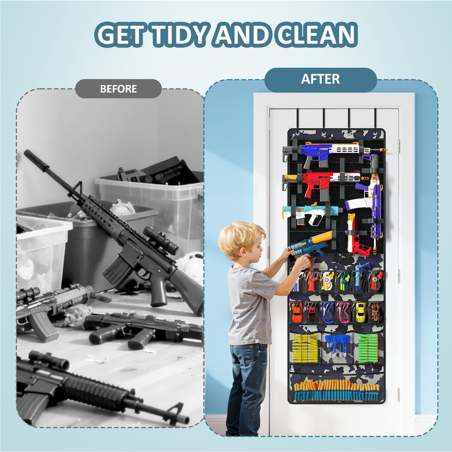 Over The Door Organizer for Toy Guns, Toy Storage, Toys Organizer with Pockets, Hook&Loop Straps for Foam Blasters, Darts, Goggles, Hanging Toys Gun Storage for Kid Rooms, Play rooms, Camouflage