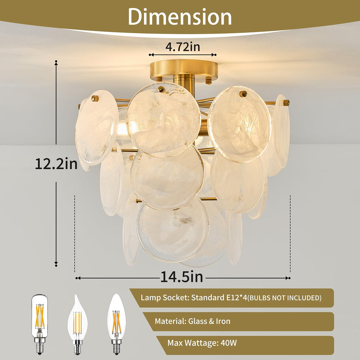LOZOHOM 15" Brass Gold Semi Flush Mount Ceiling Light,13 lb Sturdy Vintage Flush Mount Chandelier with Unique Cloud Glass, 4-Light Modern Hallway Light Fixtures for Bedroom Laundry Room Foyer Entryway