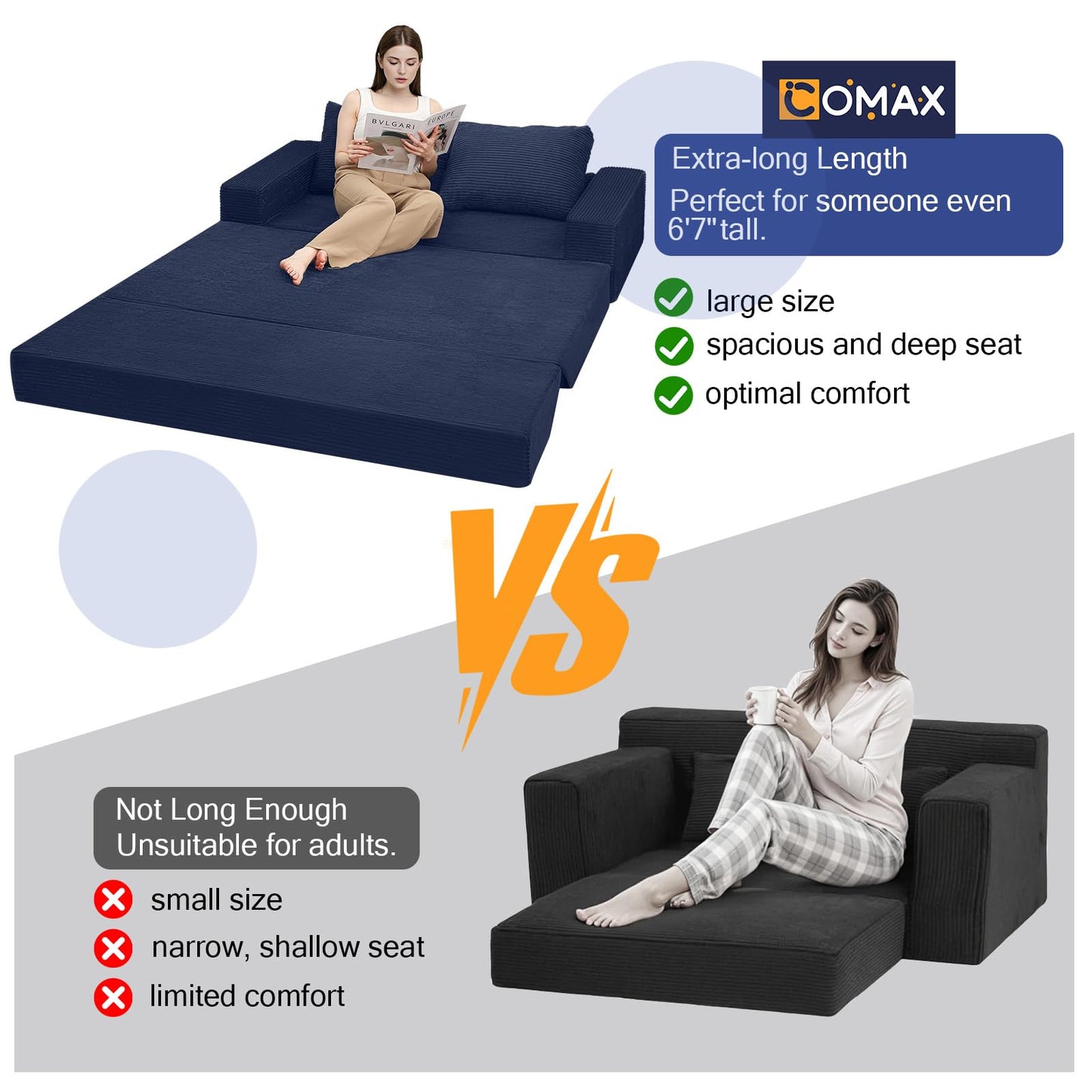 COMAX Convertible Sofa Bed Queen, Corduroy Folding Floor Couch Pull Out Couch Bed Futon Sleeper with Pillows, Fold Out Boneless Sofa Comfy Lounge Mattress Loveseat for Living Room Bedroom, Navy