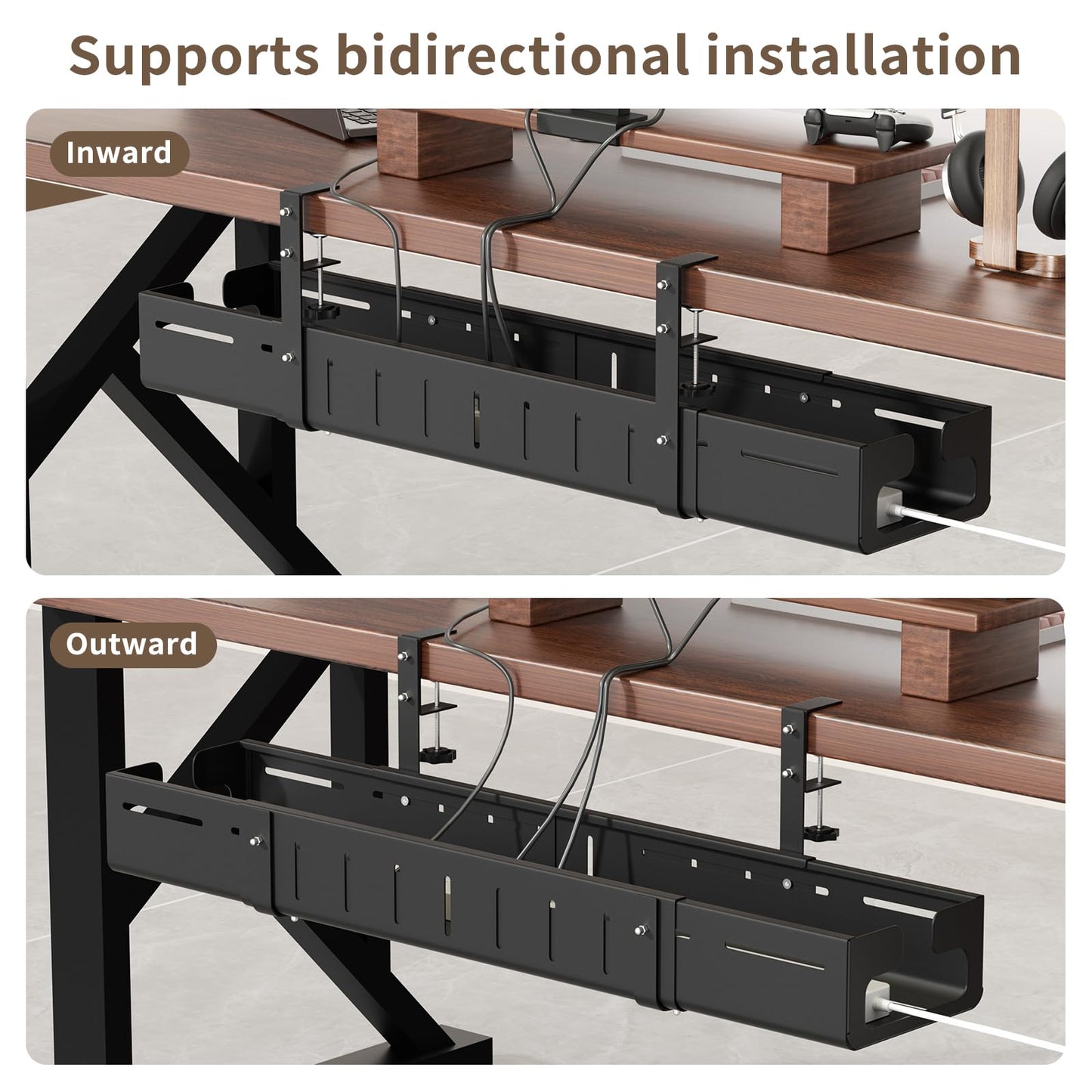 SUREUP9 Under Desk Cable Management Tray, Expandable 25.2"–38.6" Heavy Duty Carbon Steel with Clamp, Hidden Cord Organizer for Desk, Home Office & Standing Desk, No Drill Installation, Black