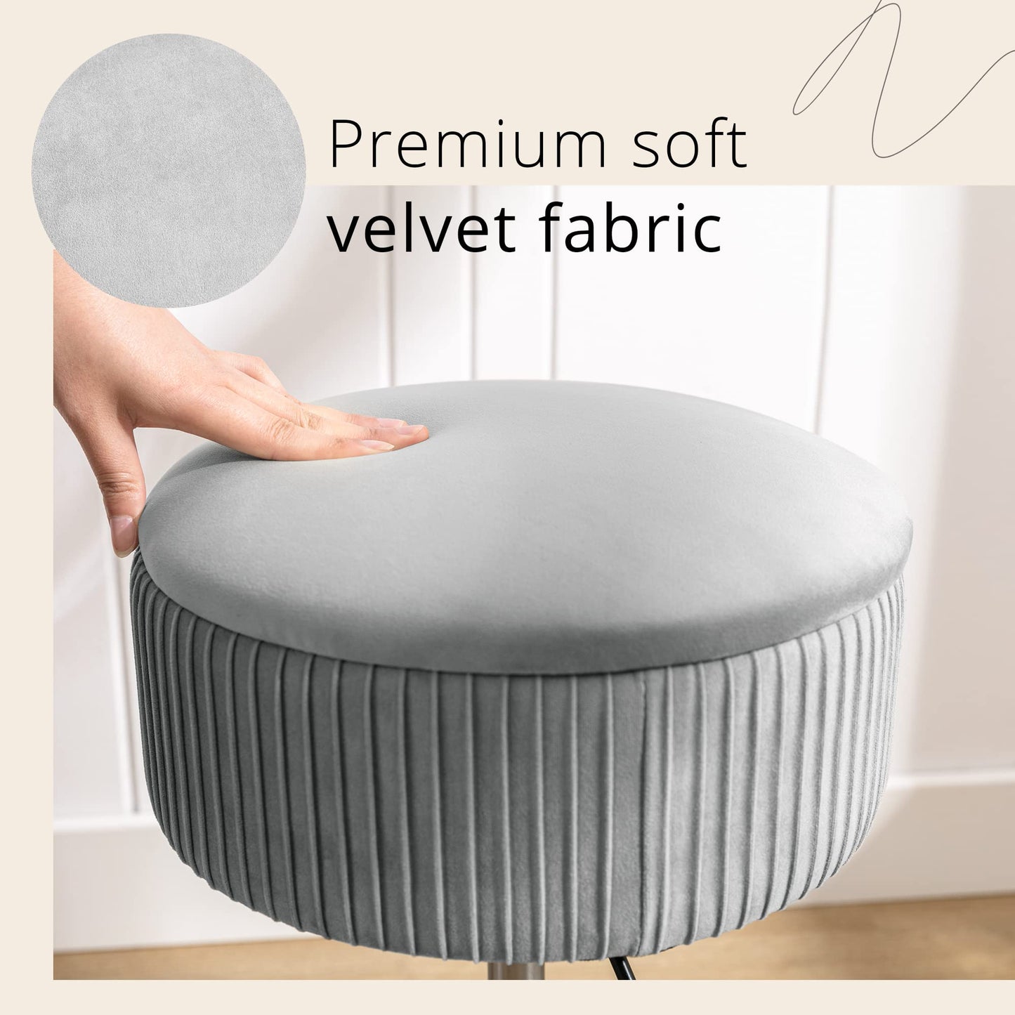 LUE BONA 360°Swivel Vanity Stool Chair for Makeup Room, Height Adjustable Stool for Vanity with Storage, Small Grey Velvet for Bathroom, Living Room