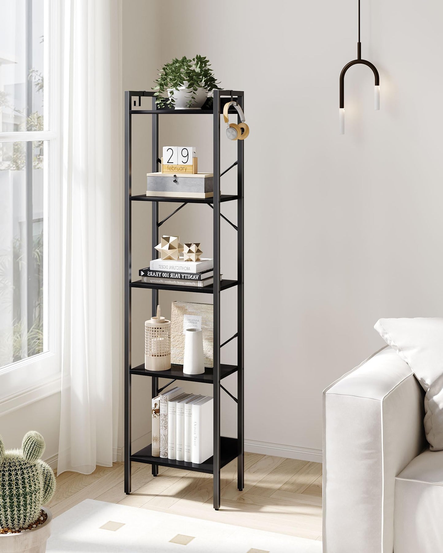 Hzuaneri Bookshelf, Book Shelf, Industrial Bookcase with 2 Hooks, Coner Shelf Storage Organizer for Home Office, Living Room, Bedroom, Kitchen, 5-Tier Black BC10504B