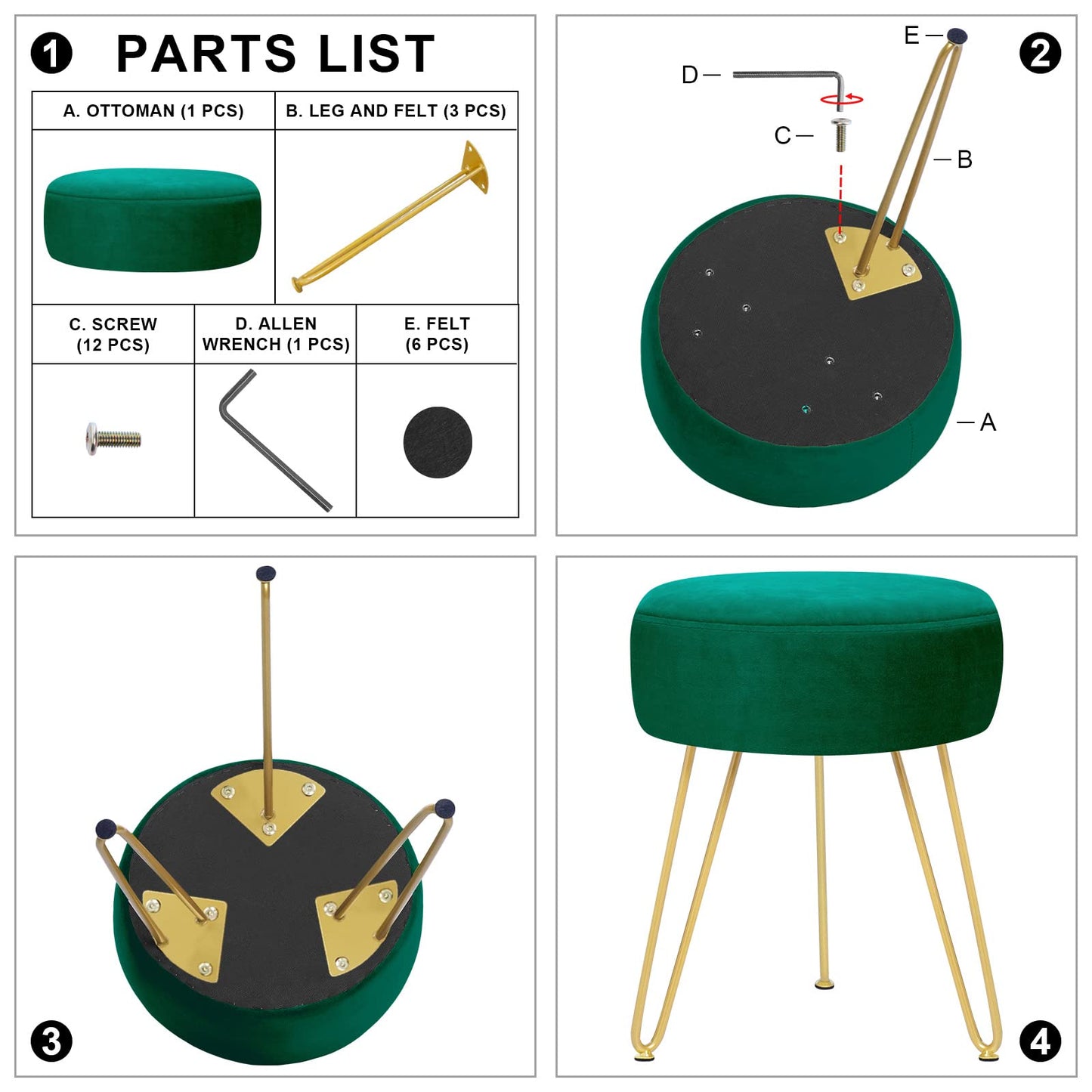 YOONIC Velvet Soft Modern Vanity Footstool -Round Footrest Stool Ottoman Side Table Seat Dressing with Golden Metal Leg and Sponge Filling,Upholstered Foot Rest, for Living Room and Bedroom Teal