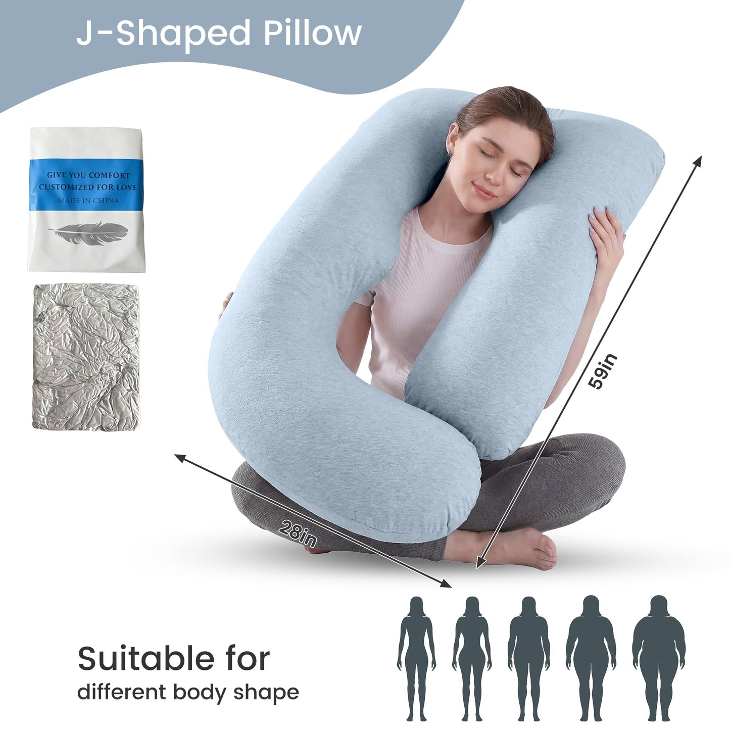 Jcickt Pregnancy Pillow for Sleeping,59 inch Maternity Pillow with Removable Washable Cover,J-Shaped Cooling Full Body Pregnant Pillow -Support for Backs,Legs, Belly, HIPS, Improve Sleep-Sky Blue
