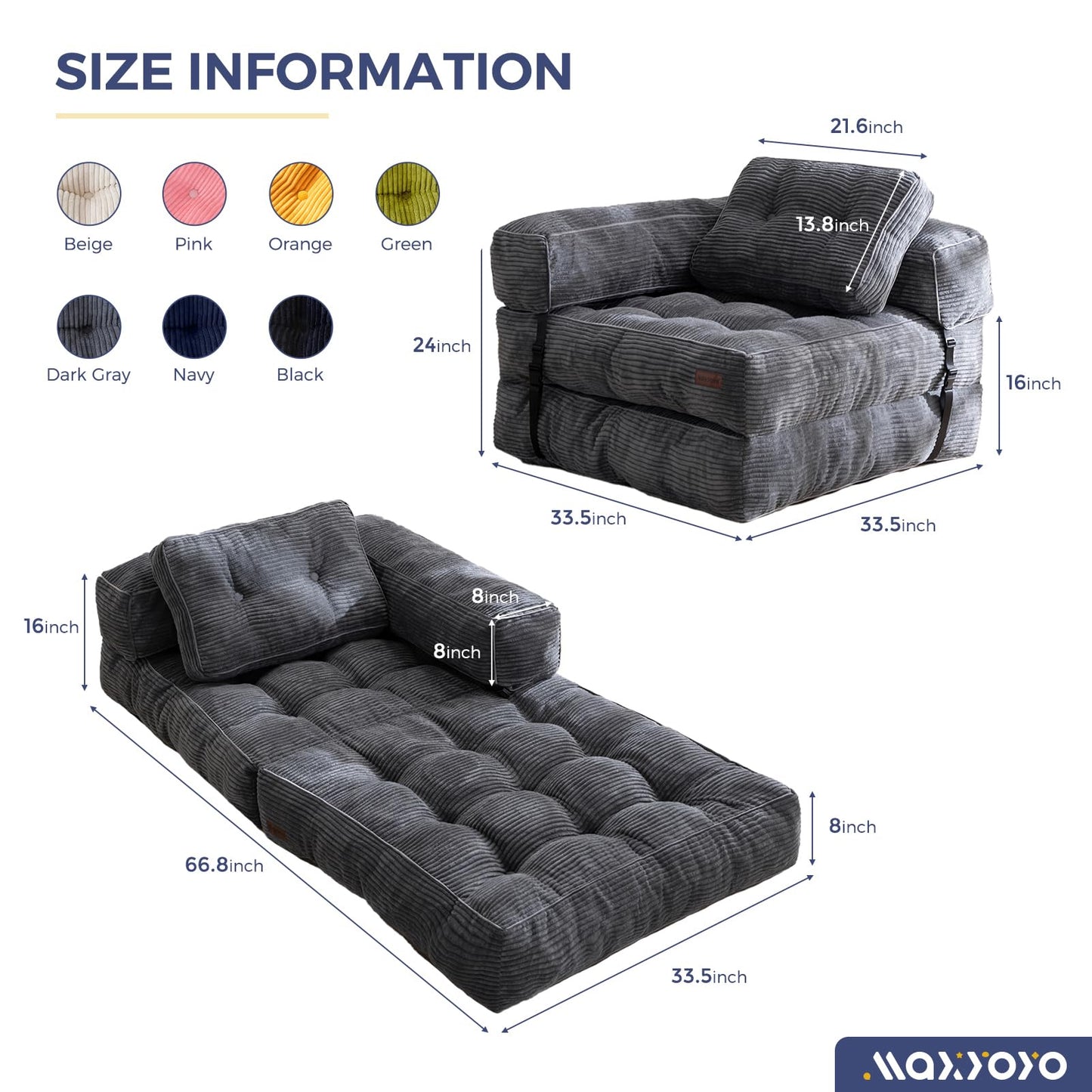 MAXYOYO Folding Sofa Bed, L-Shaped Convertible Sofa Bed with Armrest Foldable Sleeper Sofa with Pillow, Portable Fold Out Chair Bed Comfy Floor Lounge for Living Room Bedroom, Dark Grey
