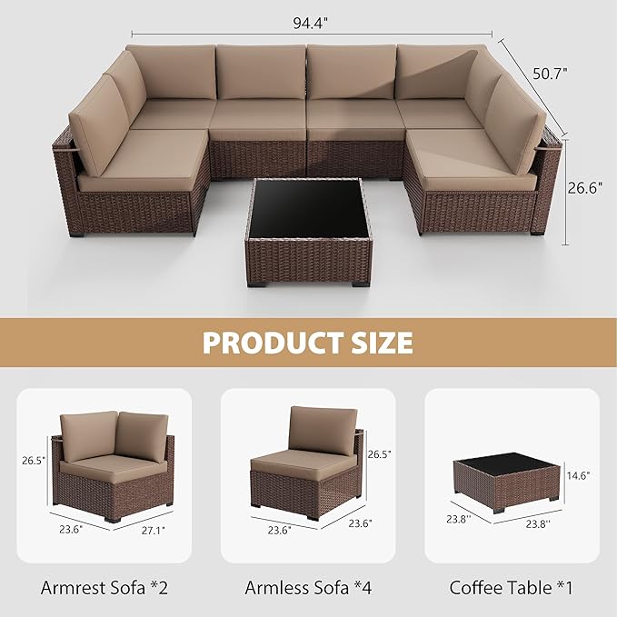 KIGOTY 7-Piece Patio Furniture Set, All-Weather PE Rattan Outdoor Sectional Sofa