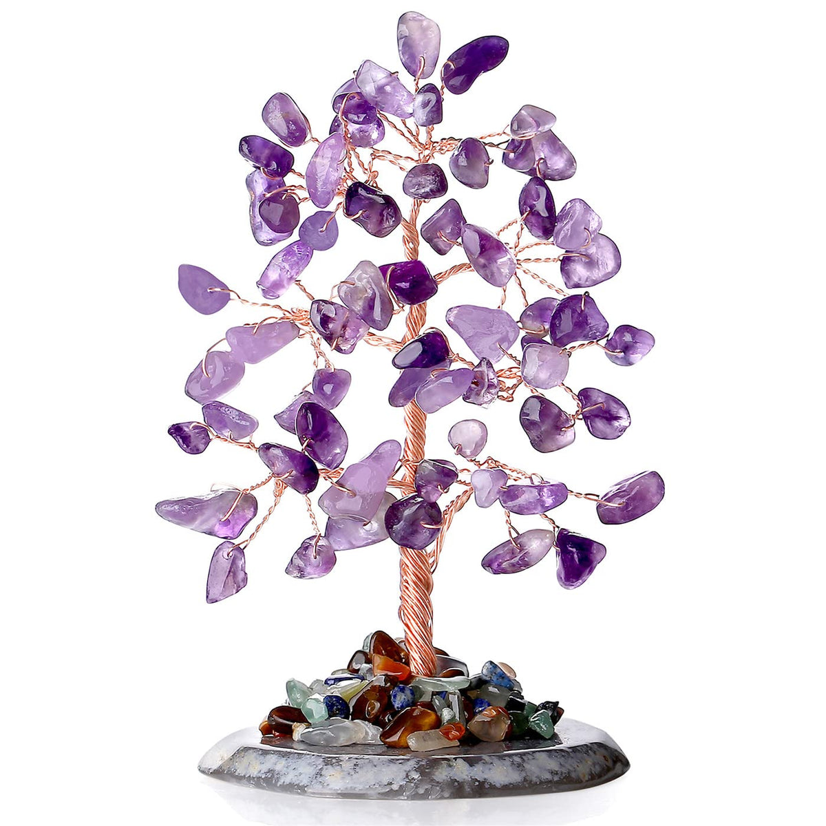 Amethyst Healing Crystal Tree of Life Natural Gemstone Agate Slice Base Copper Wire Wrapped Money Trees Feng Shui Reiki Spiritual Energy Decorations Home Office Room Desk Decor Gifts for Women Men