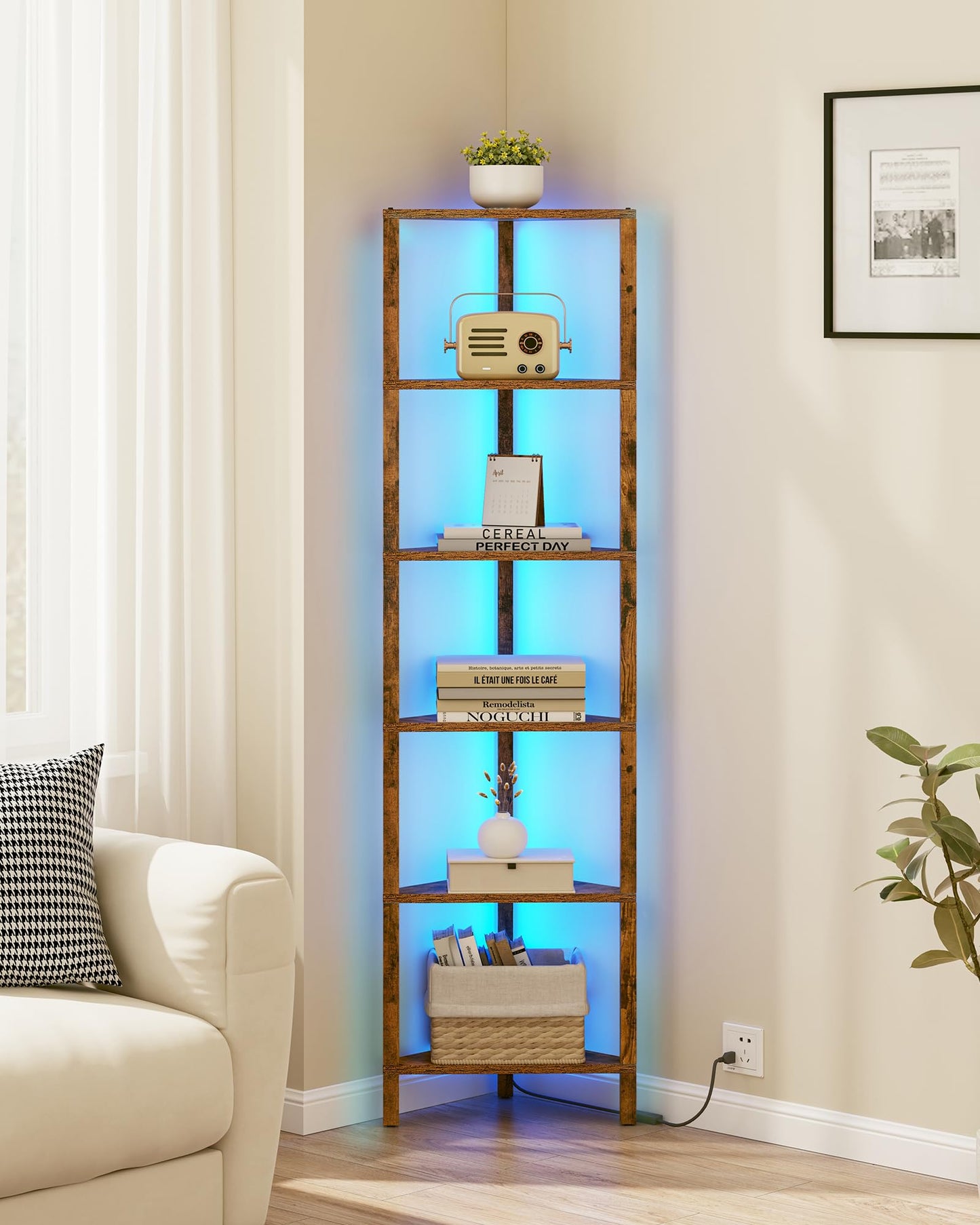 TUTOTAK Corner Shelf with LED Light, 6-Tier Corner Bookshelf for Small Space, Narrow Display Corner Shelf Stand with Storage Rack, for Living Room, Bedroom, Brown BS05BC006L