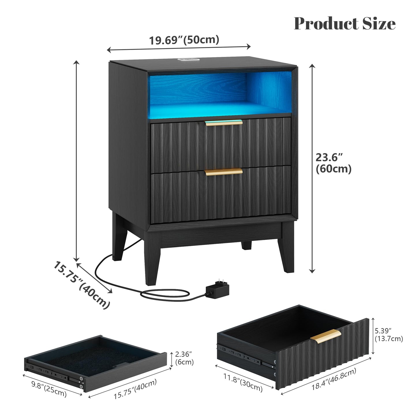 LVSOMT 20'W Fluted Nightstand with Charging Station, LED Night Stand with RFID Lock Hidden Drawer, Mid Century Modern Bedside Table for Bedroom, 2 Drawers and Open Storage Cubby, Black