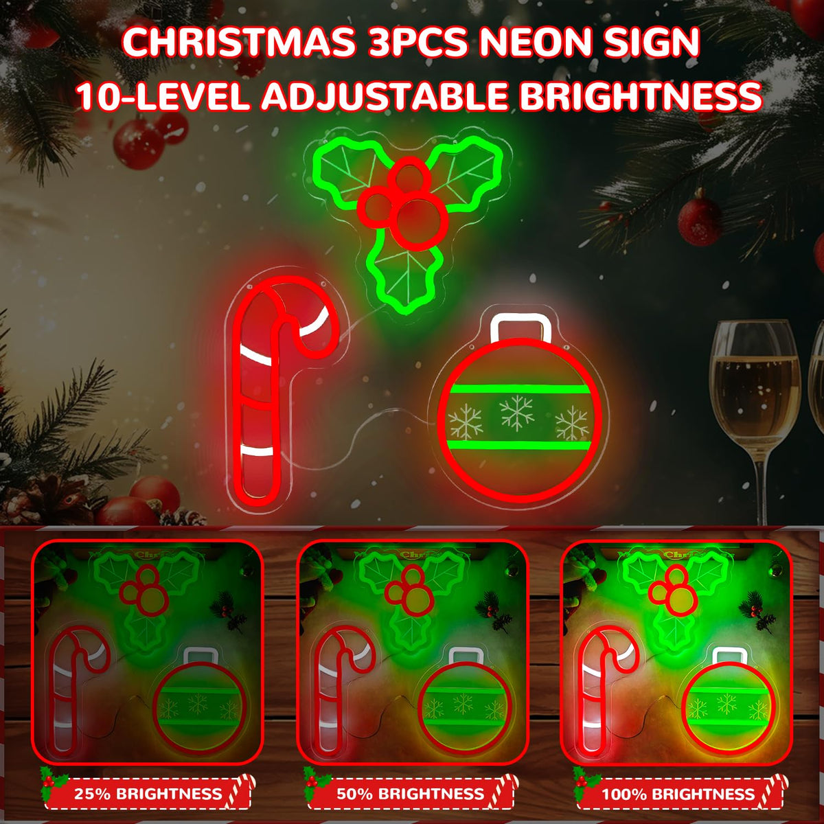 hhuohuona Christmas Neon Sign 3-Piece Dimmable Lighted Holly Berry Christmas Ball Candy Cane Led Sign Xmas Window Lights Holiday Party Light Up Signs for Wall Decor