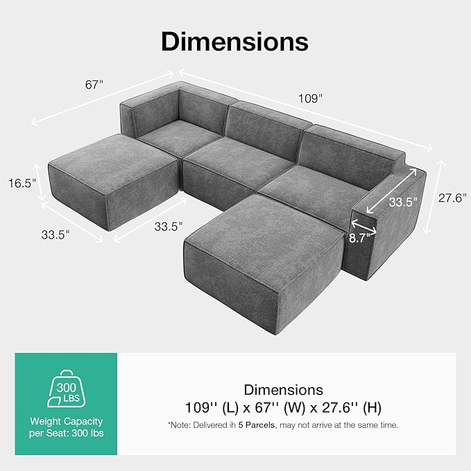 Novilla 109" Modular Sectional Sofa, No Assembly Cloud Sectional Couch